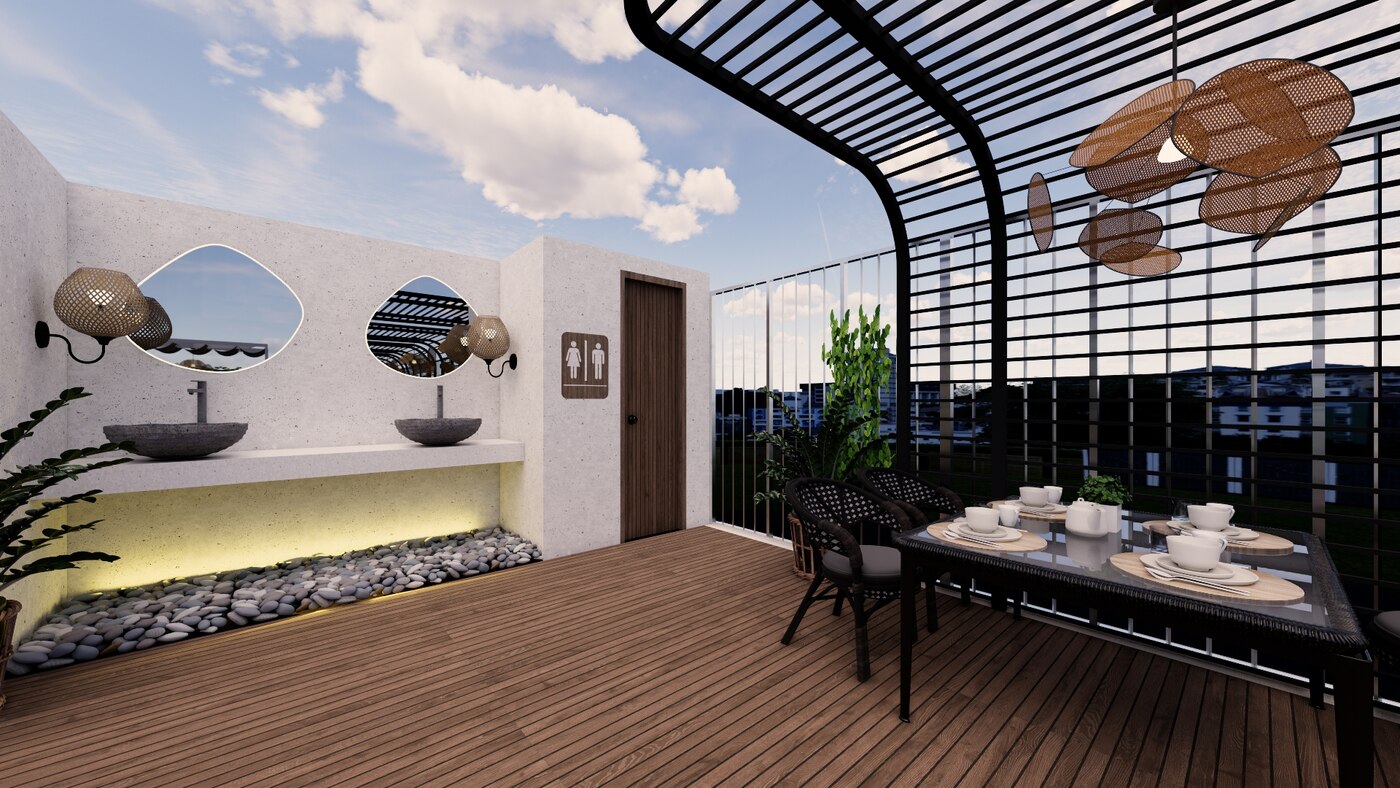 Hotel Lumière — rooftop terrace lounge with skyline view